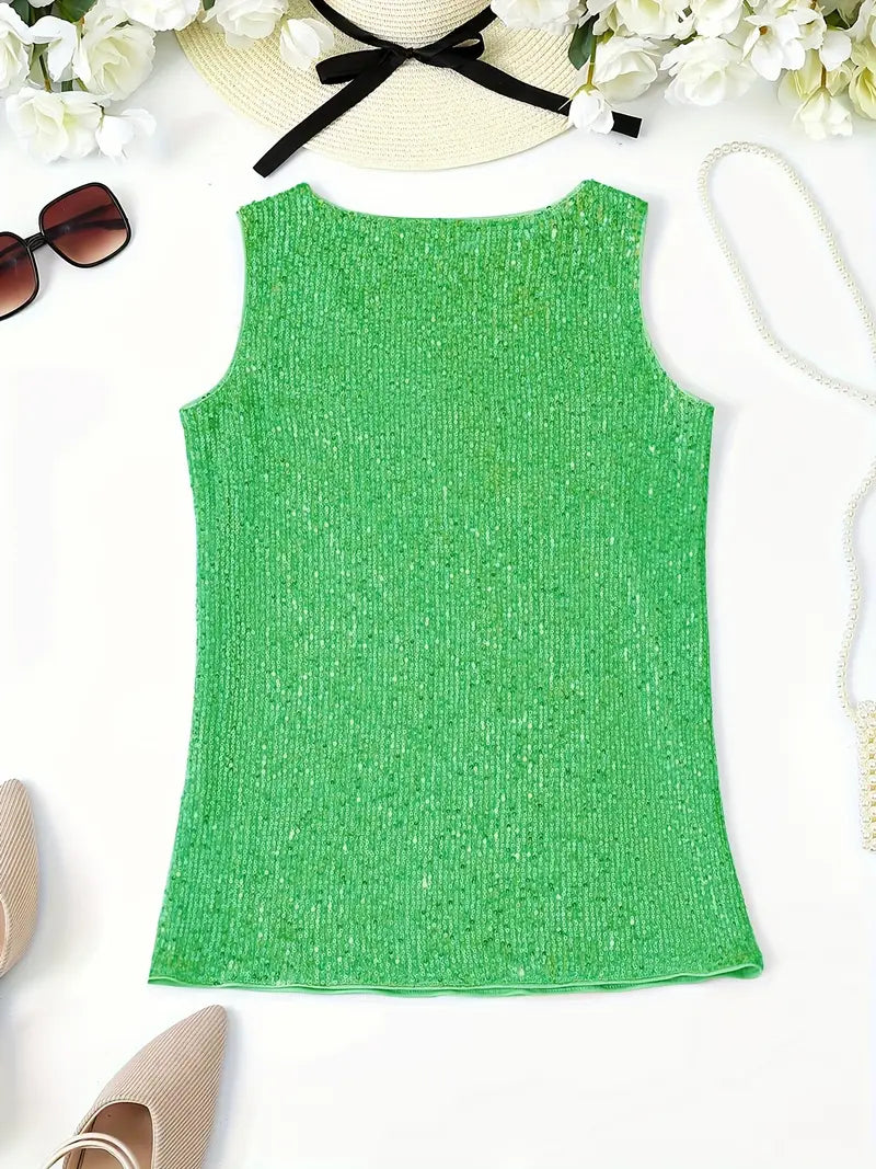 "Mouwloze top met V-hals, pailletten, elegante uitstraling, lichte stof; perfect voor zomer en avondjes uit."