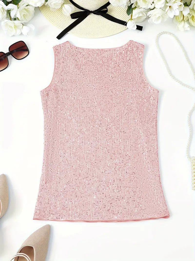 "Mouwloze top met V-hals, pailletten, elegante uitstraling, lichte stof; perfect voor zomer en avondjes uit."