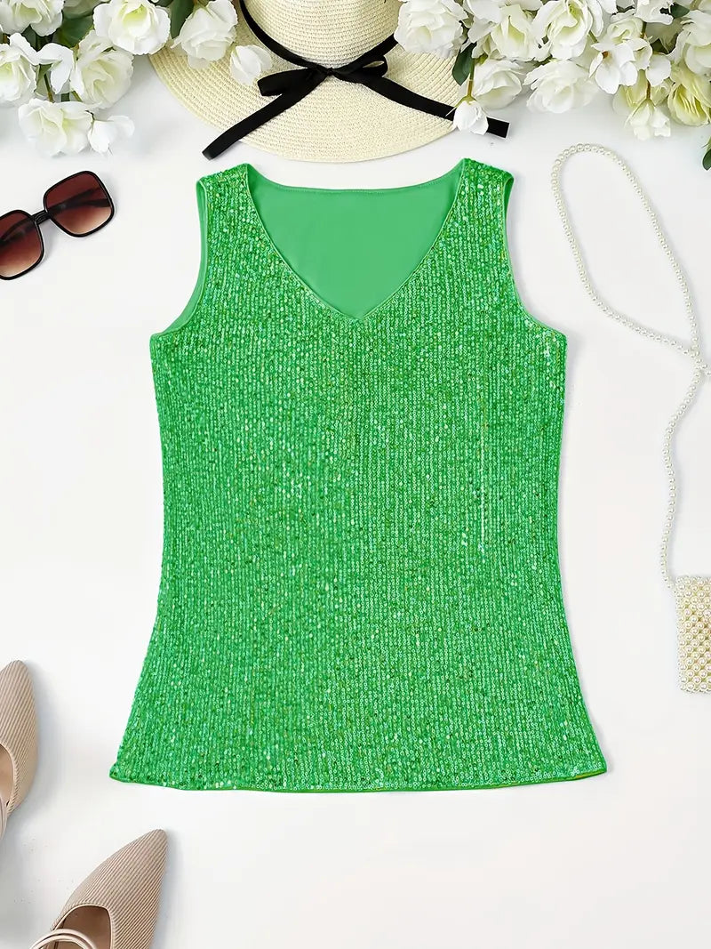 "Mouwloze top met V-hals, pailletten, elegante uitstraling, lichte stof; perfect voor zomer en avondjes uit."