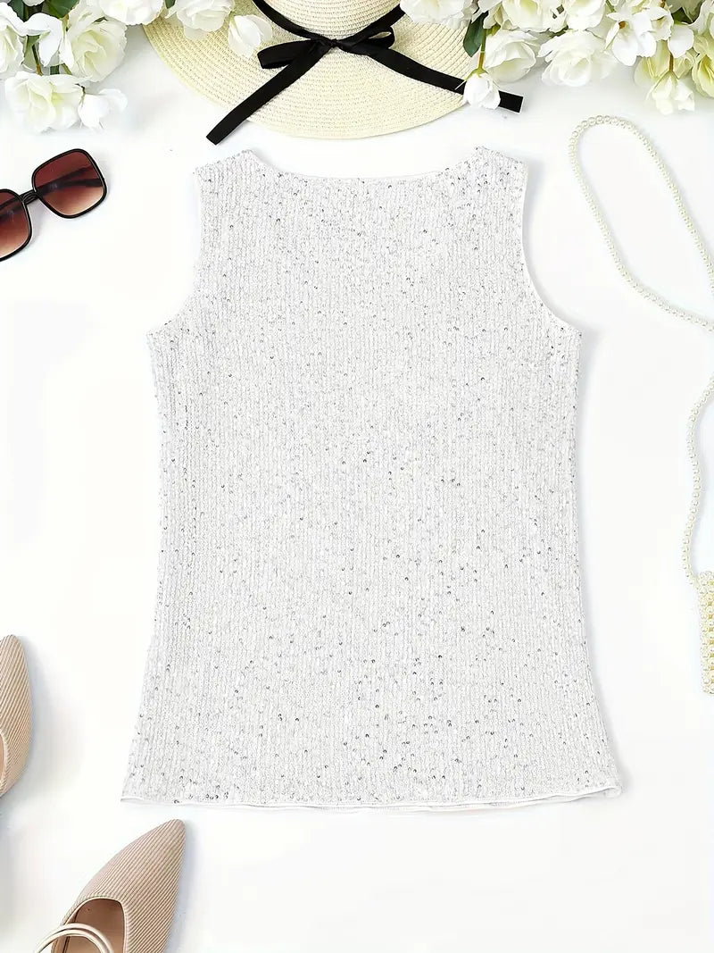 "Mouwloze top met V-hals, pailletten, elegante uitstraling, lichte stof; perfect voor zomer en avondjes uit."