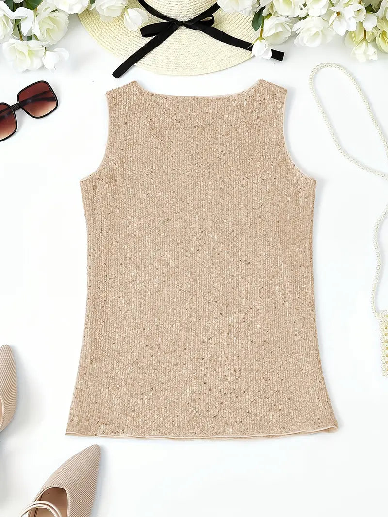 "Mouwloze top met V-hals, pailletten, elegante uitstraling, lichte stof; perfect voor zomer en avondjes uit."