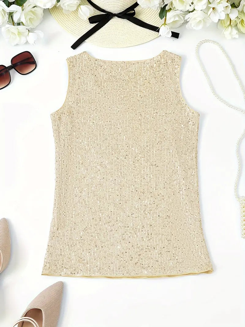 "Mouwloze top met V-hals, pailletten, elegante uitstraling, lichte stof; perfect voor zomer en avondjes uit."