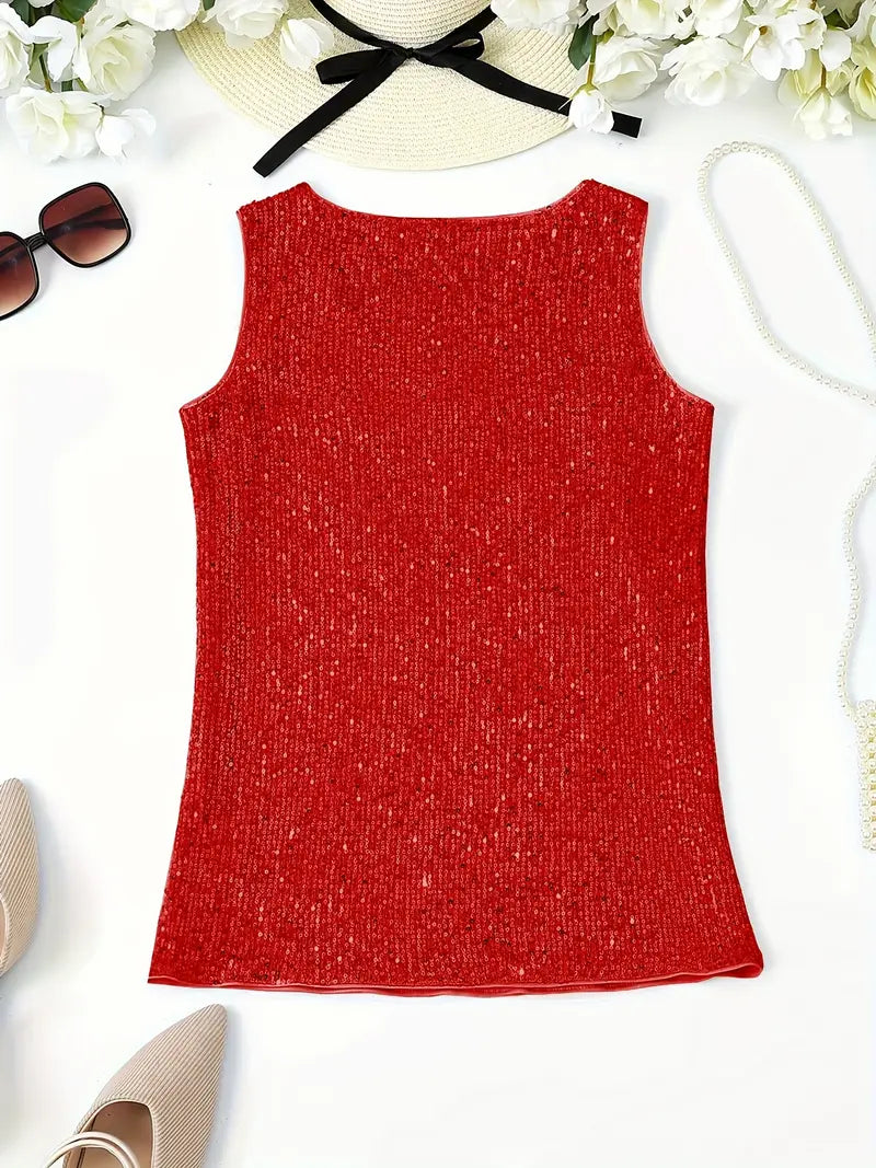"Mouwloze top met V-hals, pailletten, elegante uitstraling, lichte stof; perfect voor zomer en avondjes uit."