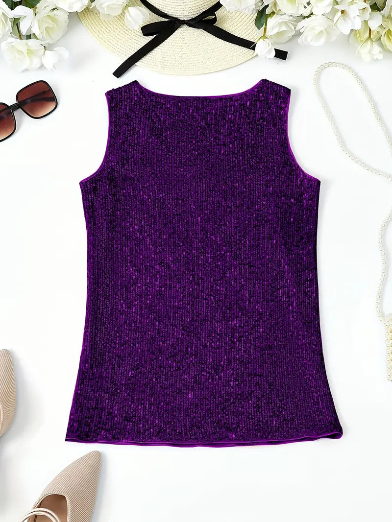 "Mouwloze top met V-hals, pailletten, elegante uitstraling, lichte stof; perfect voor zomer en avondjes uit."