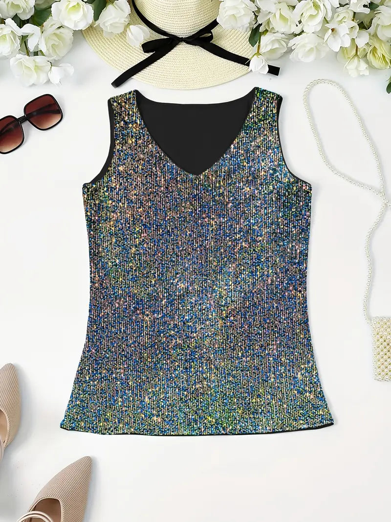 "Mouwloze top met V-hals, pailletten, elegante uitstraling, lichte stof; perfect voor zomer en avondjes uit."