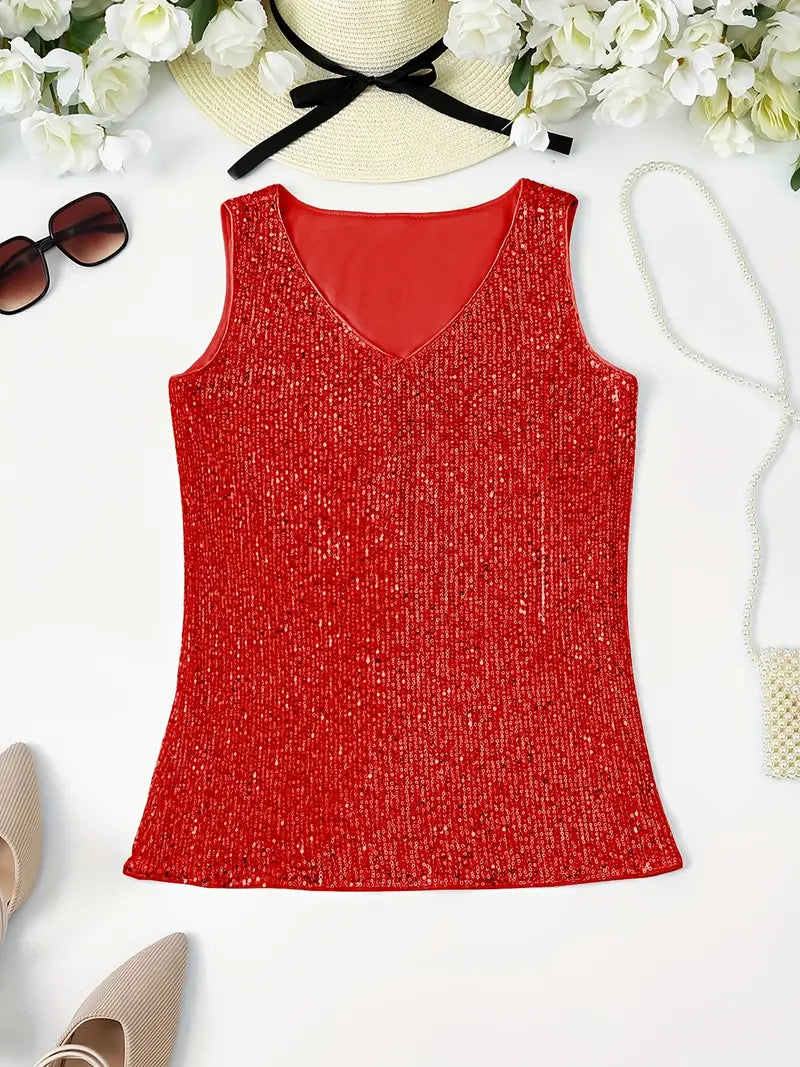"Mouwloze top met V-hals, pailletten, elegante uitstraling, lichte stof; perfect voor zomer en avondjes uit."