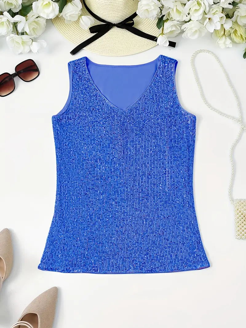 "Mouwloze top met V-hals, pailletten, elegante uitstraling, lichte stof; perfect voor zomer en avondjes uit."