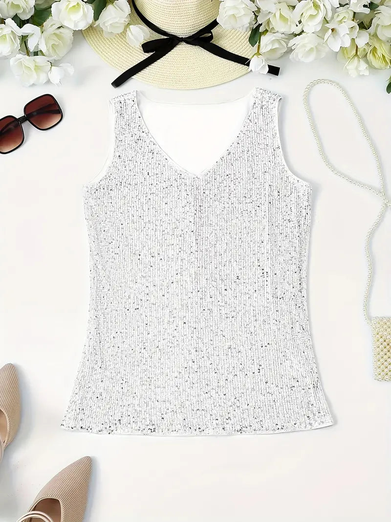 "Mouwloze top met V-hals, pailletten, elegante uitstraling, lichte stof; perfect voor zomer en avondjes uit."