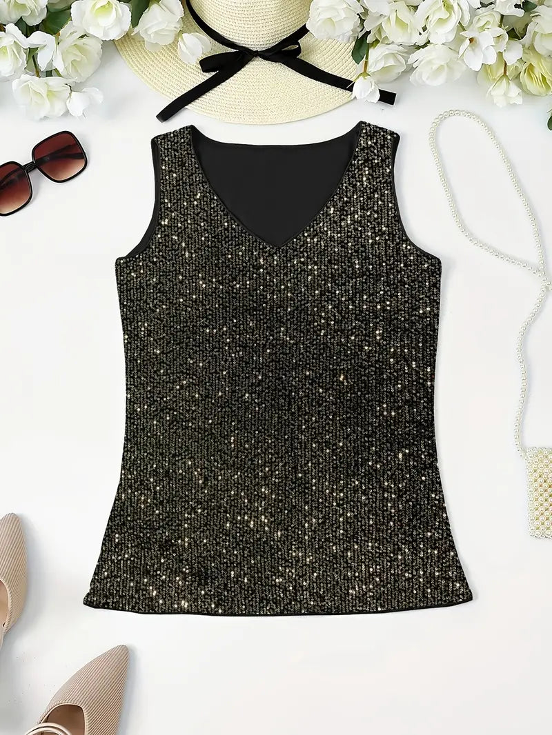 "Mouwloze top met V-hals, pailletten, elegante uitstraling, lichte stof; perfect voor zomer en avondjes uit."