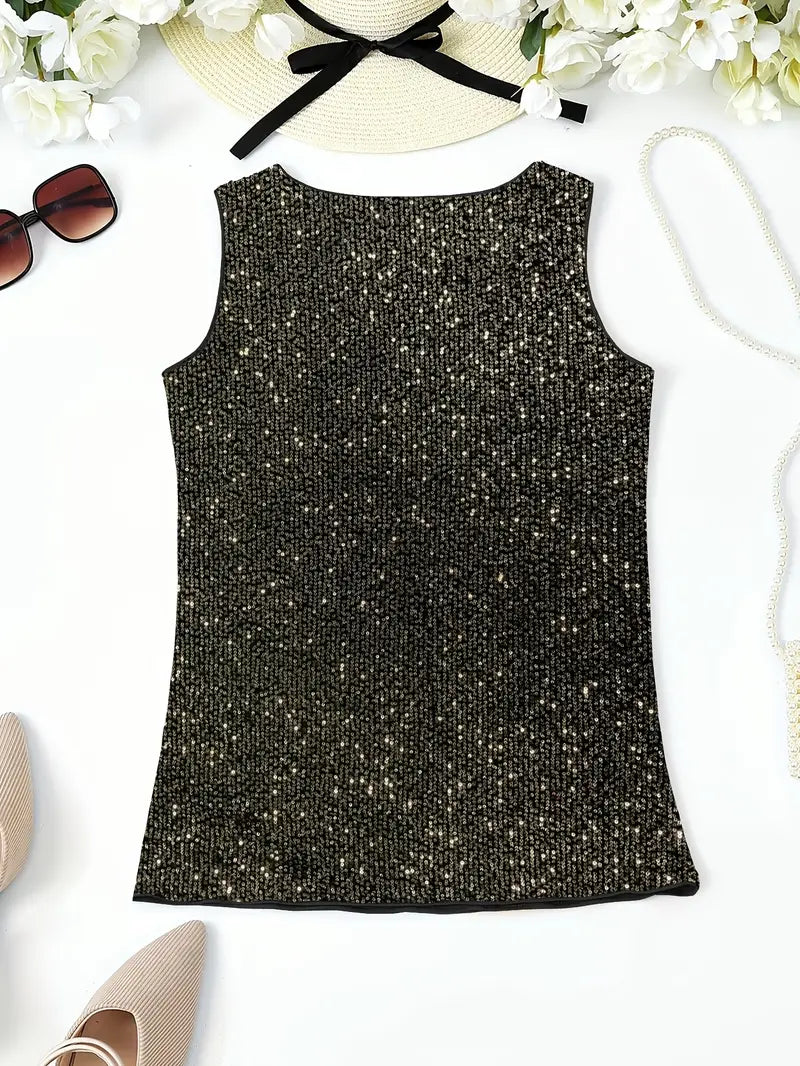 "Mouwloze top met V-hals, pailletten, elegante uitstraling, lichte stof; perfect voor zomer en avondjes uit."