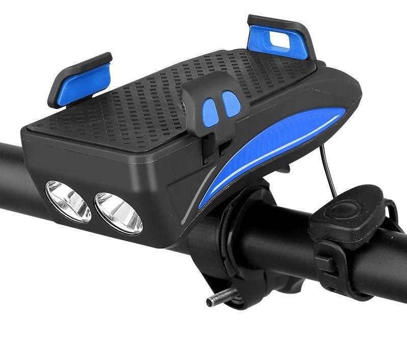 "Multifunctionele fietshouder in blauw: telefoonhouder, powerbank, fietslicht en claxon, stijlvolle 4-in-1 fietsgadget."
