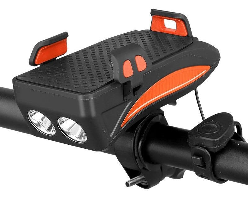 "Multifunctionele fietshouder in blauw: telefoonhouder, powerbank, fietslicht en claxon, stijlvolle 4-in-1 fietsgadget."
