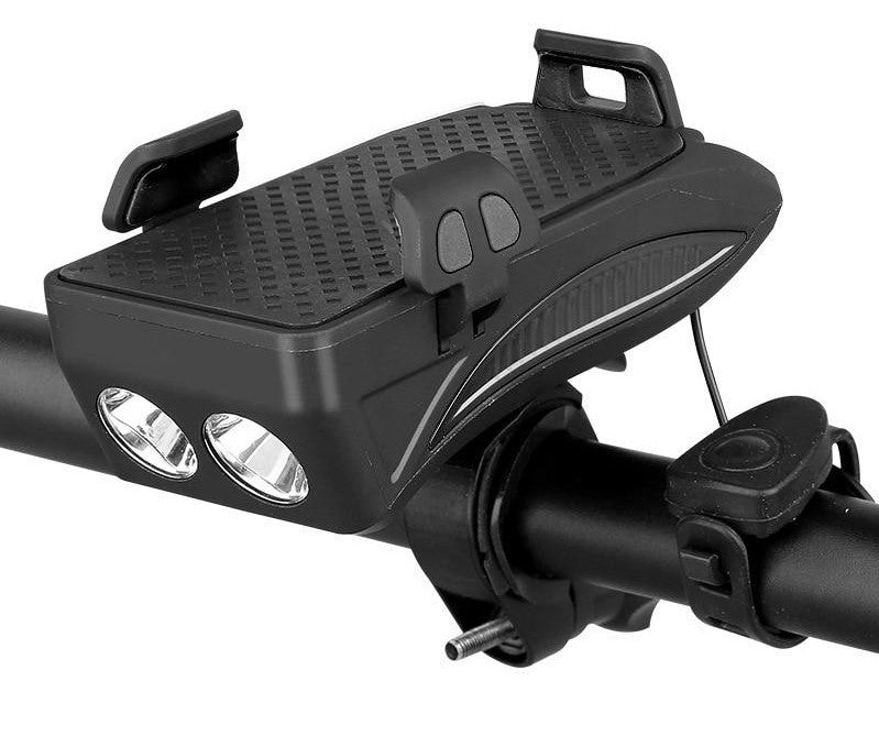"Multifunctionele fietshouder in blauw: telefoonhouder, powerbank, fietslicht en claxon, stijlvolle 4-in-1 fietsgadget."