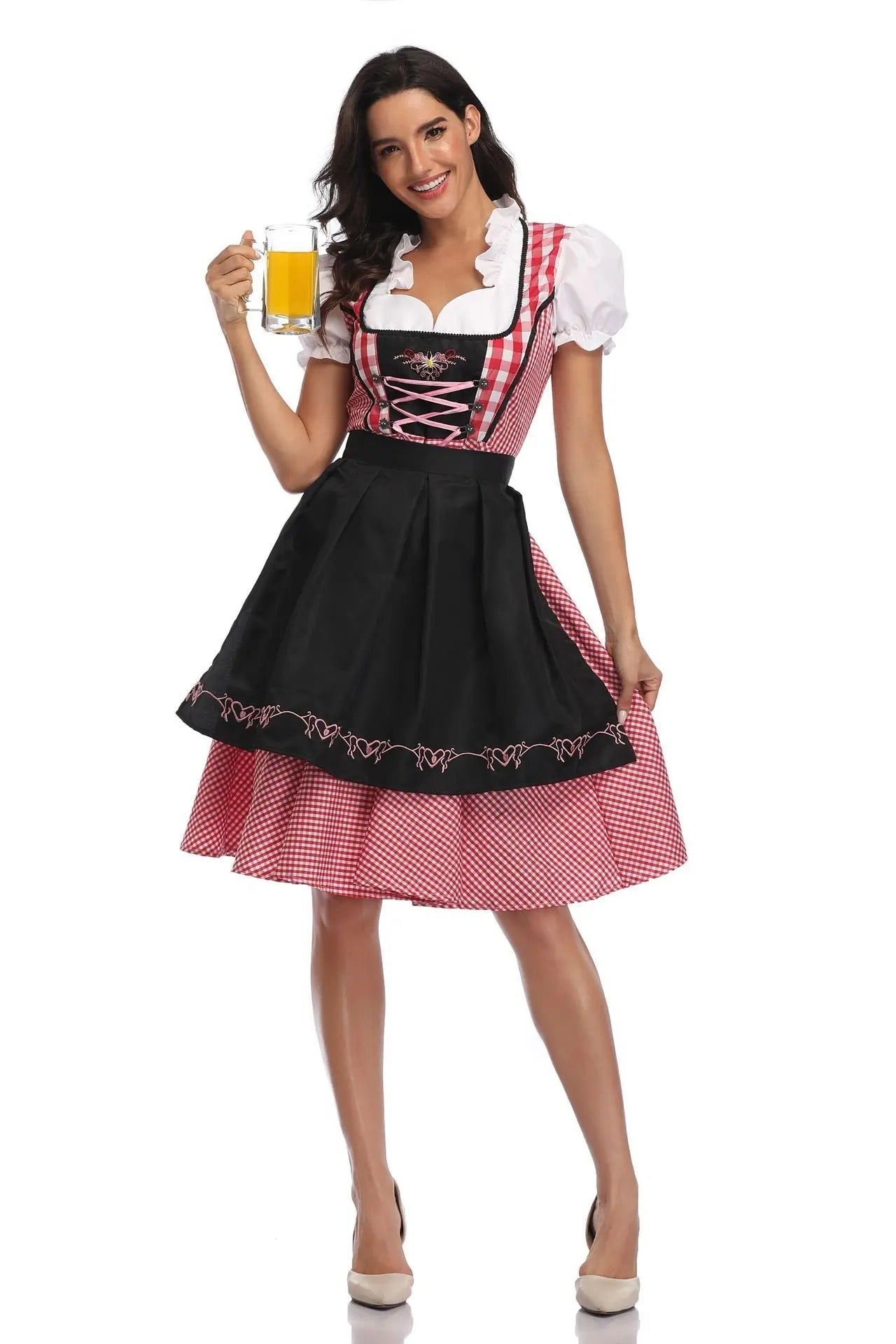 "Oktoberfest dirndl in elegant design, blauw geruit; ideaal voor vrouwen die een feestelijke traditionele Duitse look willen.
