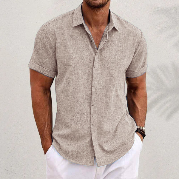 "Oliver korte mouwen overhemd, katoen en linnen, ademend, casual stijl, zomerse outfit, blauw, modieuze look"