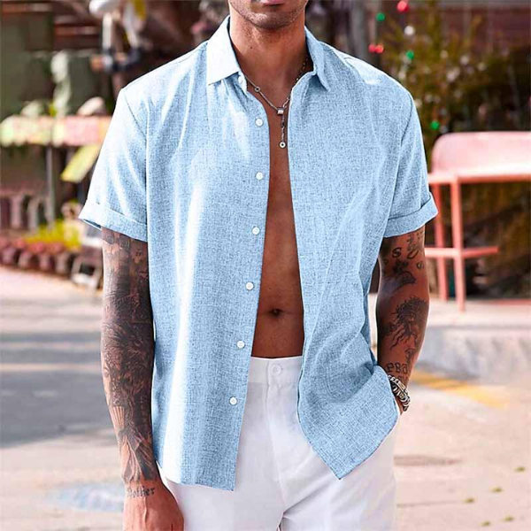 "Oliver korte mouwen overhemd, katoen en linnen, ademend, casual stijl, zomerse outfit, blauw, modieuze look"
