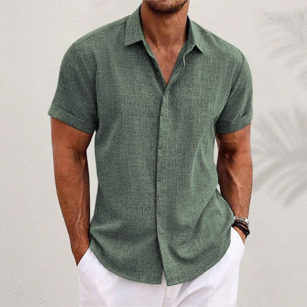 "Oliver korte mouwen overhemd, katoen en linnen, ademend, casual stijl, zomerse outfit, blauw, modieuze look"