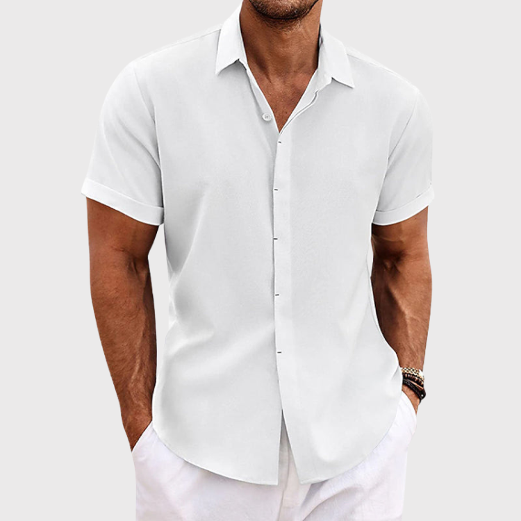 "Oliver korte mouwen overhemd, katoen en linnen, ademend, casual stijl, zomerse outfit, blauw, modieuze look"