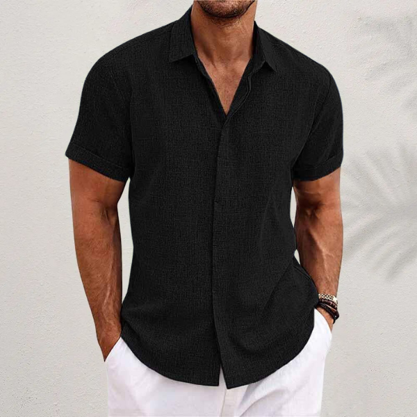 "Oliver korte mouwen overhemd, katoen en linnen, ademend, casual stijl, zomerse outfit, blauw, modieuze look"