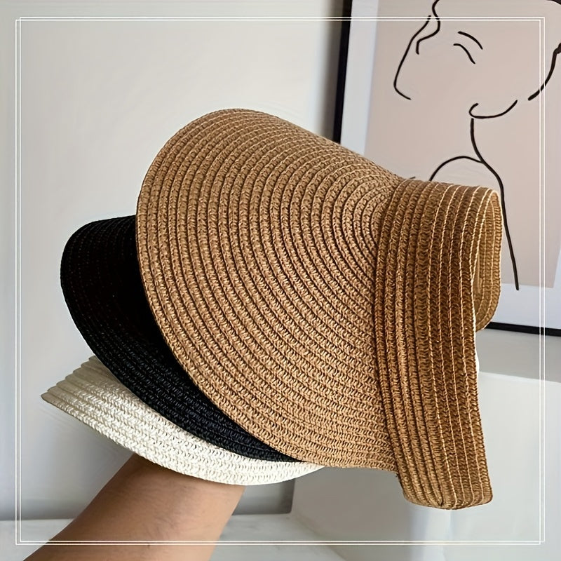 "Opvouwbare zonneklep met brede rand, beige, zwart of navy, biedt stijl en zonbescherming voor zonnige dagen."