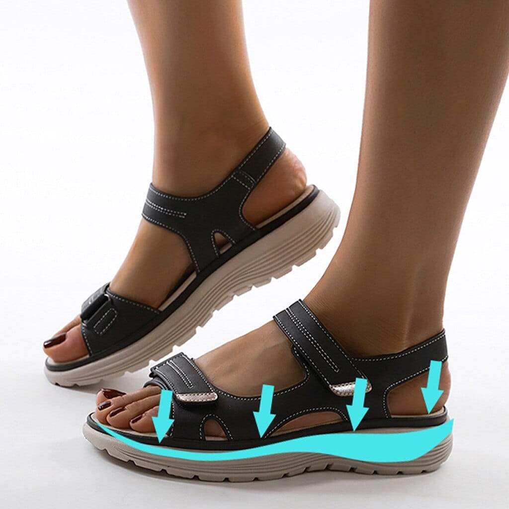 Orthopedische dames sandalen met anatomisch voetbed, zachte zool, in beige, blauw of zwart, ideaal voor comfort en stijl.