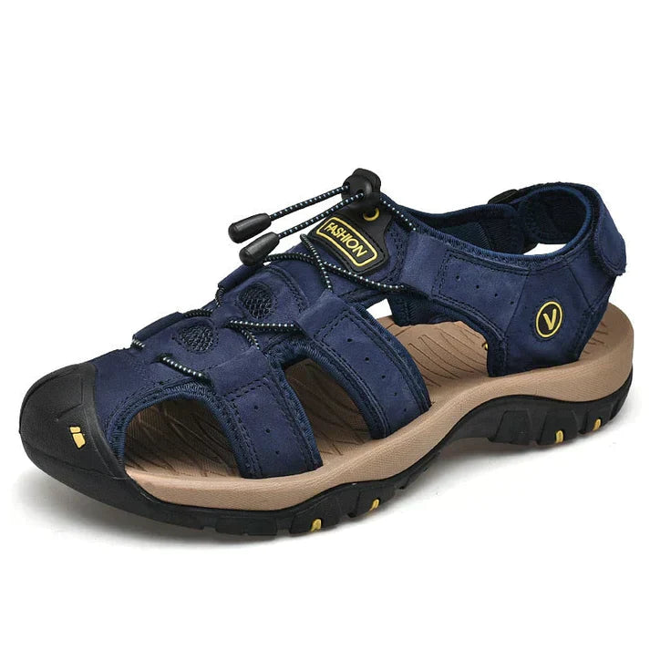 "Orthopedische herensandalen, bruin met stevige zool en klittenbandsluiting, voor optimaal comfort en ondersteuning tijdens w