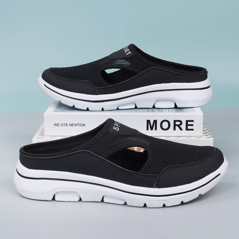 "Orthopedische herenslippers, gebreid bovenwerk, ergonomische zool, zwart-grijs-wit, stijlvol en comfortabel, slip-on ontwerp