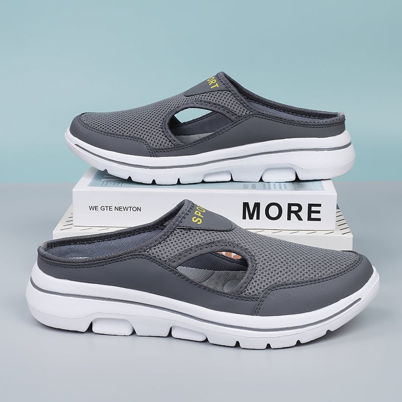 "Orthopedische herenslippers, gebreid bovenwerk, ergonomische zool, zwart-grijs-wit, stijlvol en comfortabel, slip-on ontwerp