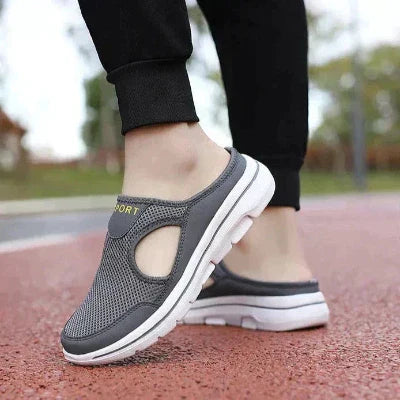 "Orthopedische herenslippers, gebreid bovenwerk, ergonomische zool, zwart-grijs-wit, stijlvol en comfortabel, slip-on ontwerp