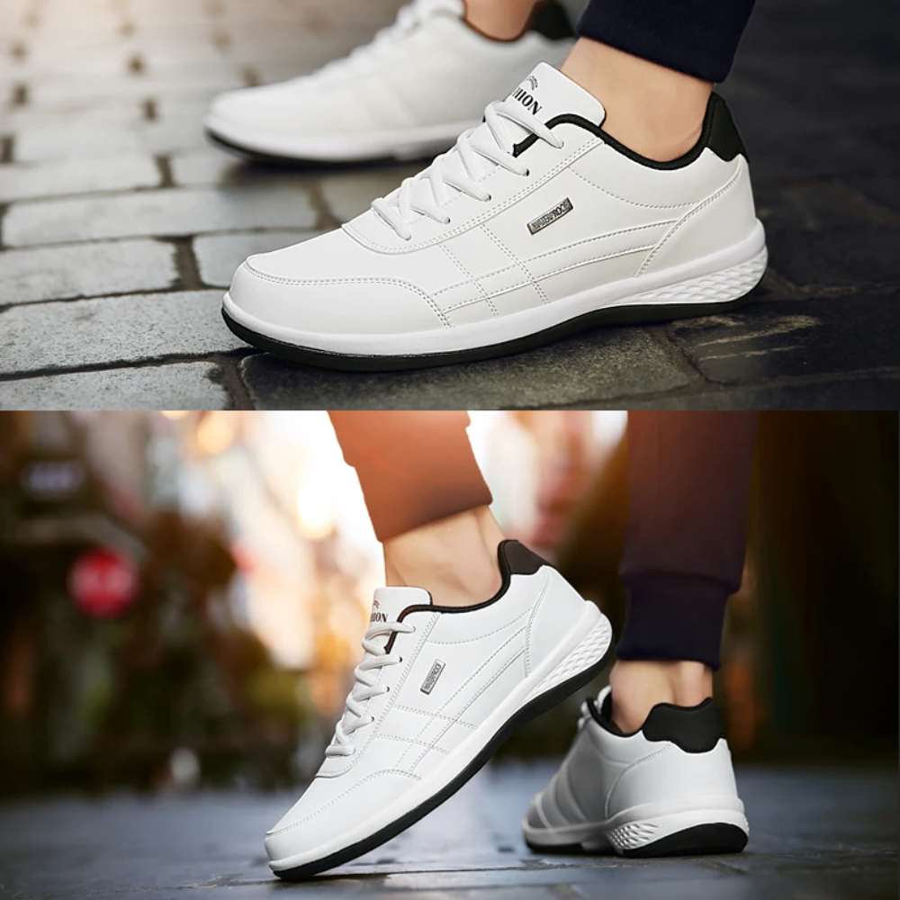 "Orthopedische leren sneakers voor heren, witte sneaker met stijlvolle afwerking en comfortabele pasvorm."