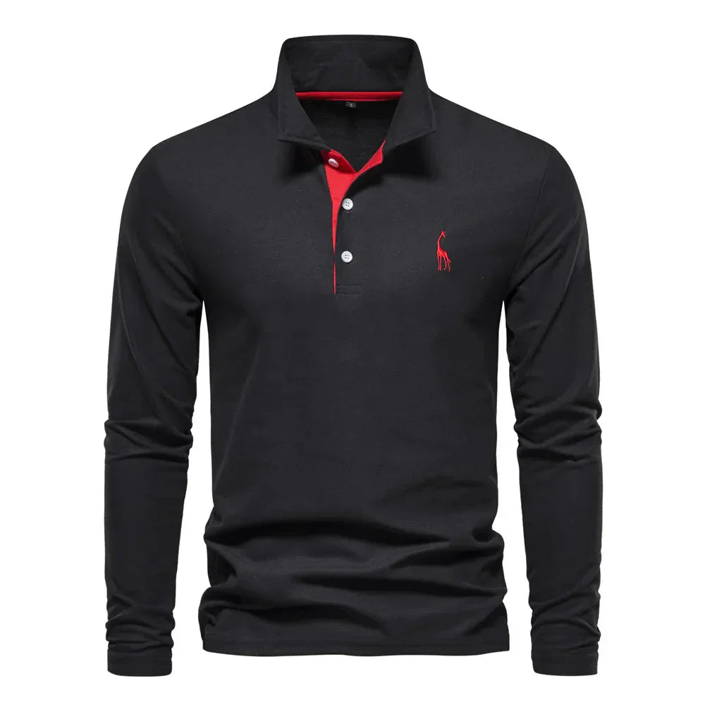 "Poloshirt heren, lange mouwen, stijlvol borduursel, elegante kraag, donkerblauwe stof, geschikt voor casual en formeel."
