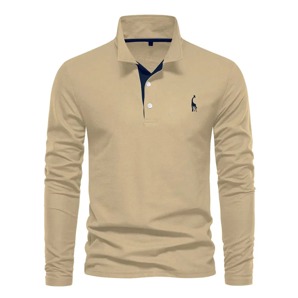 "Poloshirt heren, lange mouwen, stijlvol borduursel, elegante kraag, donkerblauwe stof, geschikt voor casual en formeel."