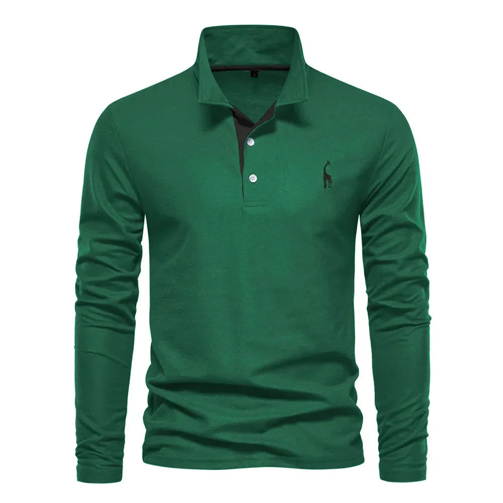 "Poloshirt heren, lange mouwen, stijlvol borduursel, elegante kraag, donkerblauwe stof, geschikt voor casual en formeel."