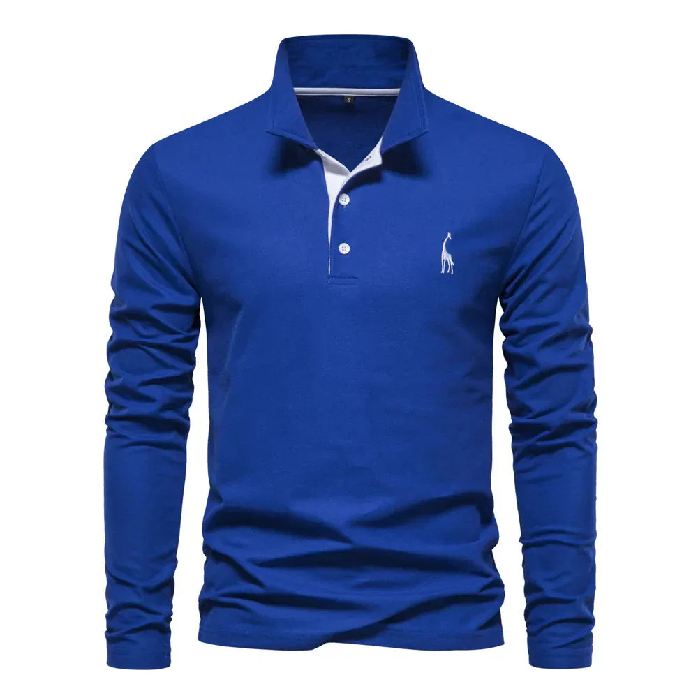 "Poloshirt heren, lange mouwen, stijlvol borduursel, elegante kraag, donkerblauwe stof, geschikt voor casual en formeel."