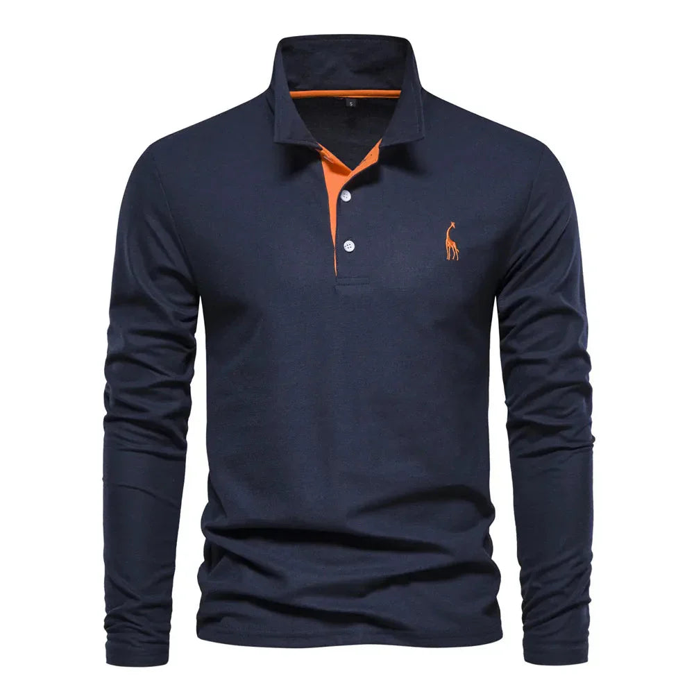 "Poloshirt heren, lange mouwen, stijlvol borduursel, elegante kraag, donkerblauwe stof, geschikt voor casual en formeel."