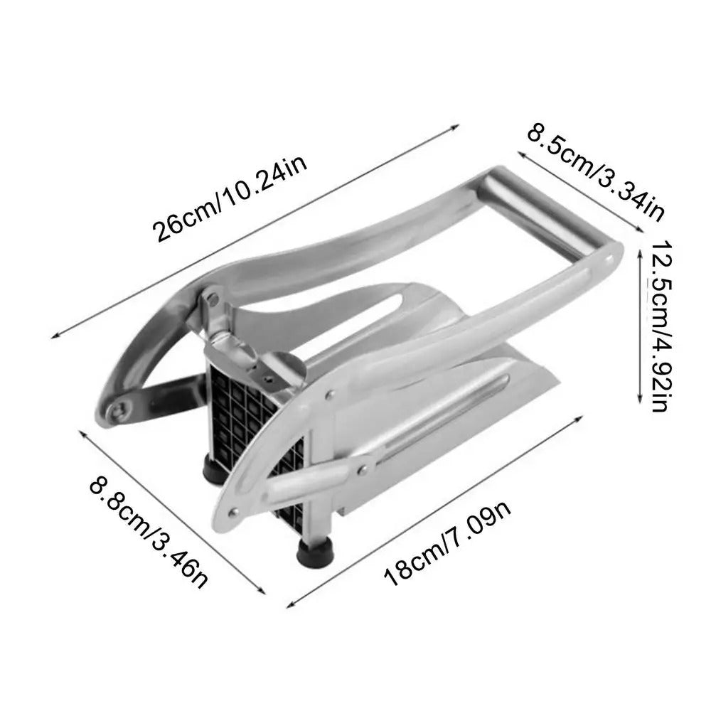 Professionele frietsnijder met verwisselbare messen, robuust RVS-ontwerp, ideaal voor perfect gesneden frietjes en groentes.