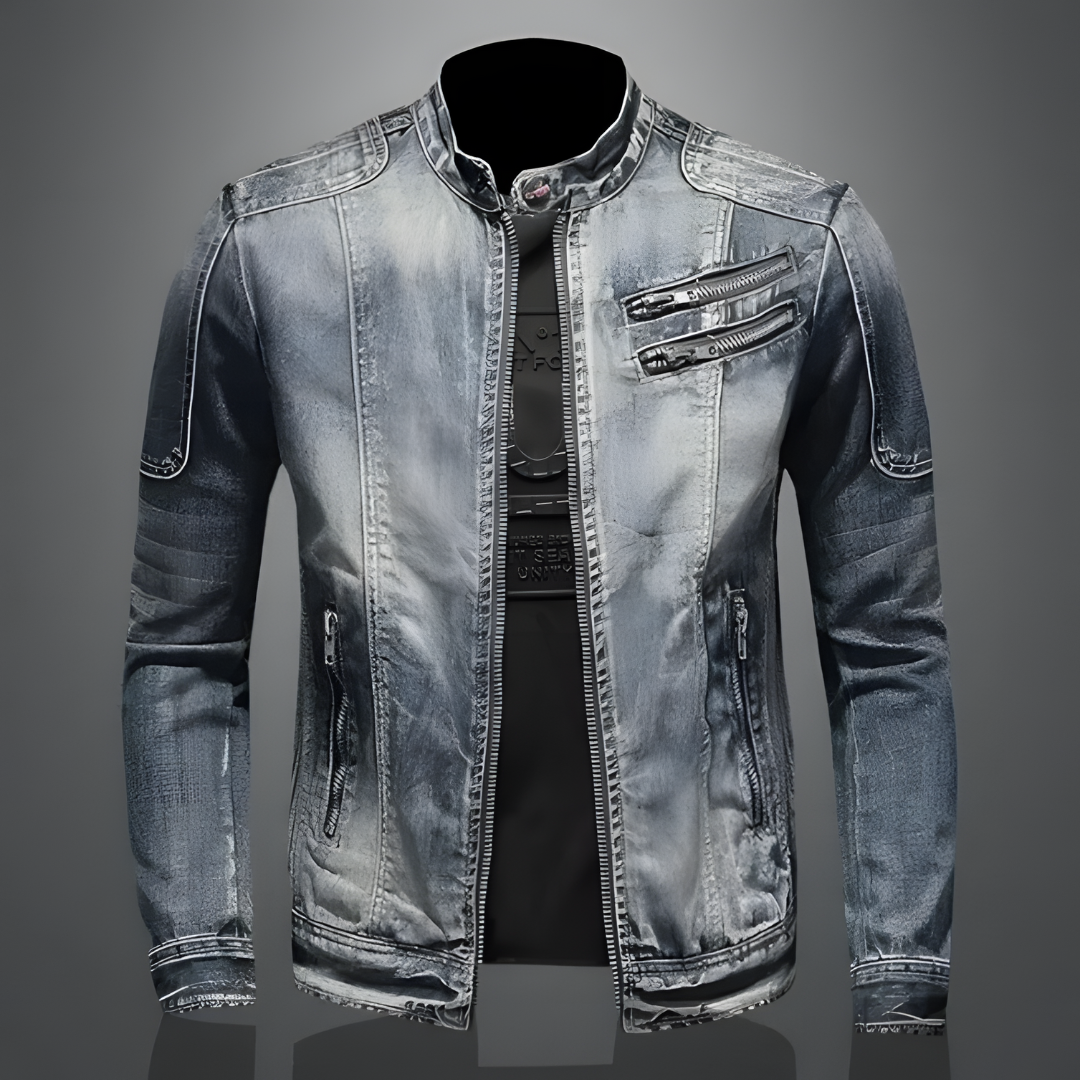 "Retro denim bikerjack voor heren, tijdloze klassieke stijl, hoogwaardig denim, ideaal voor stoere en modieuze looks."