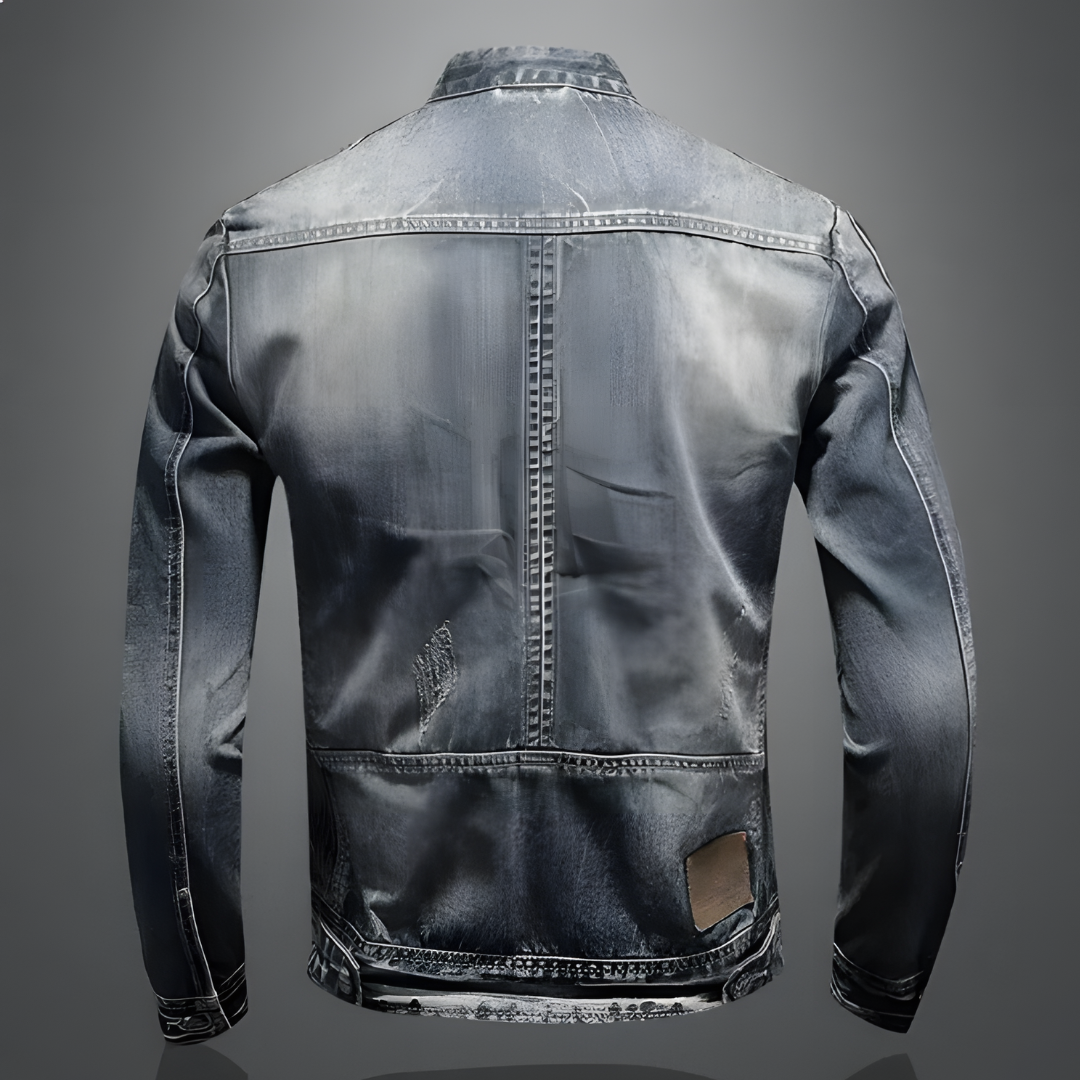 "Retro denim bikerjack voor heren, tijdloze klassieke stijl, hoogwaardig denim, ideaal voor stoere en modieuze looks."