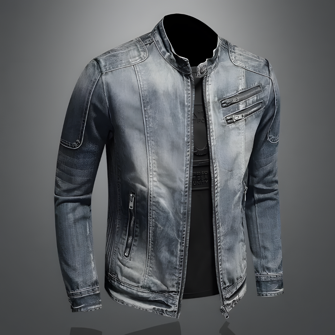"Retro denim bikerjack voor heren, tijdloze klassieke stijl, hoogwaardig denim, ideaal voor stoere en modieuze looks."