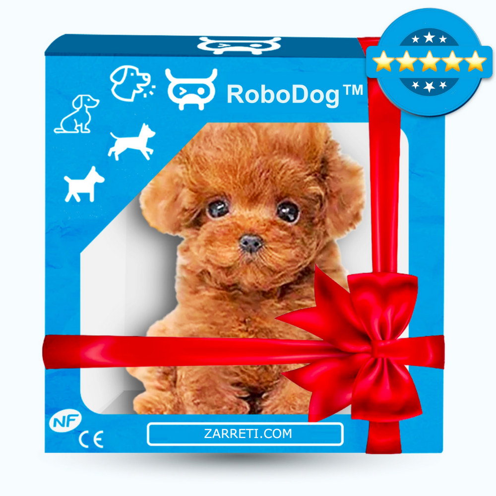 "RoboDog speelgoedhond, bruin-wit, reageert interactief met blaffen en beweging, ideaal kinderspeelgoed zonder zorgen."