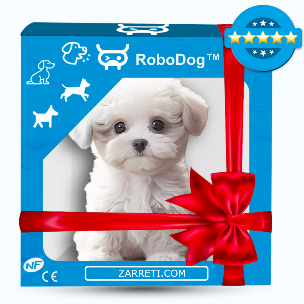 "RoboDog speelgoedhond, bruin-wit, reageert interactief met blaffen en beweging, ideaal kinderspeelgoed zonder zorgen."