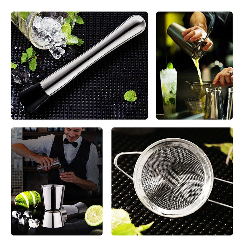 "RVS cocktailshaker set met Boston shaker, strainer en barlepel; essentieel voor thuiscocktails en stijlvolle presentatie."
