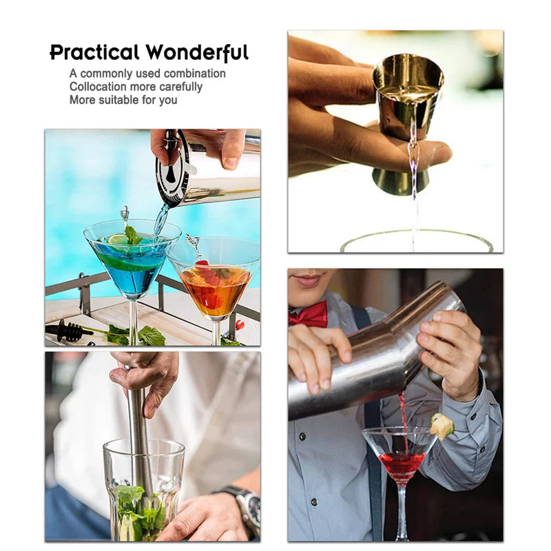 "RVS cocktailshaker set met Boston shaker, strainer en barlepel; essentieel voor thuiscocktails en stijlvolle presentatie."