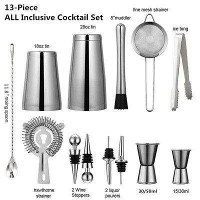 "RVS cocktailshaker set met Boston shaker, strainer en barlepel; essentieel voor thuiscocktails en stijlvolle presentatie."
