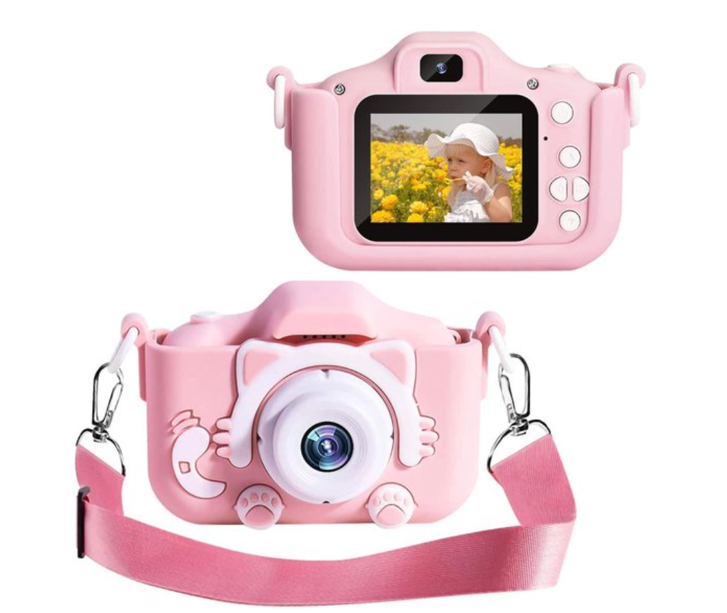 "Schokbestendige HD mini digitale camera voor kinderen, kleurrijk design, 20MP foto's, 1080p video's, inclusief beschermhoes.