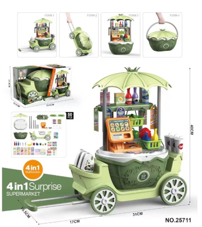Speelgoed ijskar voor kinderen met kleurrijke accessoires zoals ijsjes, lolly's en bekers voor creatief rollenspel.