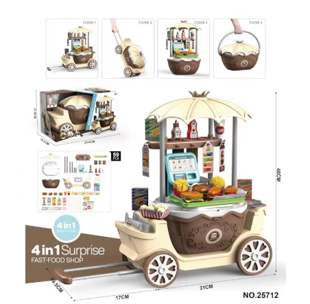 Speelgoed ijskar voor kinderen met kleurrijke accessoires zoals ijsjes, lolly's en bekers voor creatief rollenspel.