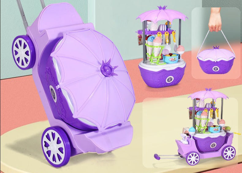 Speelgoed ijskar voor kinderen met kleurrijke accessoires zoals ijsjes, lolly's en bekers voor creatief rollenspel.