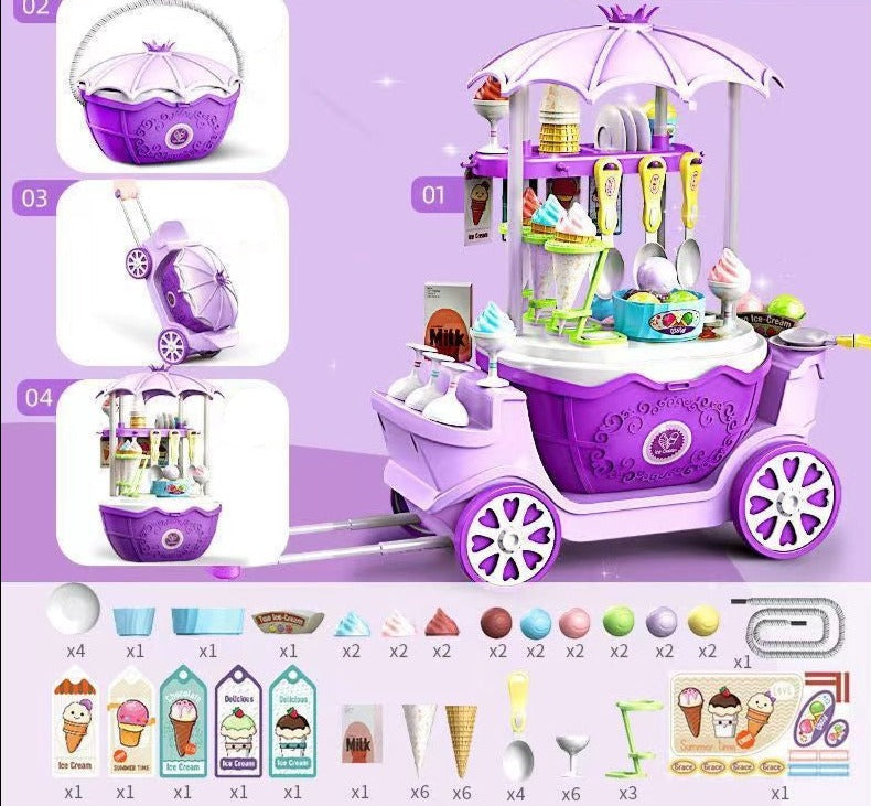 Speelgoed ijskar voor kinderen met kleurrijke accessoires zoals ijsjes, lolly's en bekers voor creatief rollenspel.