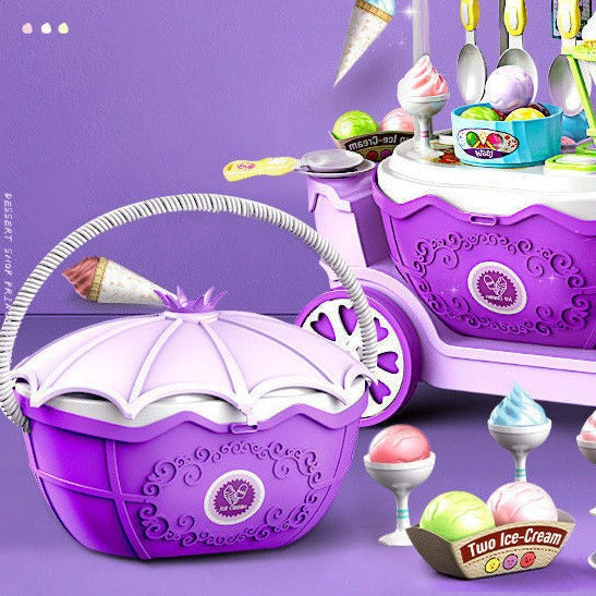 Speelgoed ijskar voor kinderen met kleurrijke accessoires zoals ijsjes, lolly's en bekers voor creatief rollenspel.